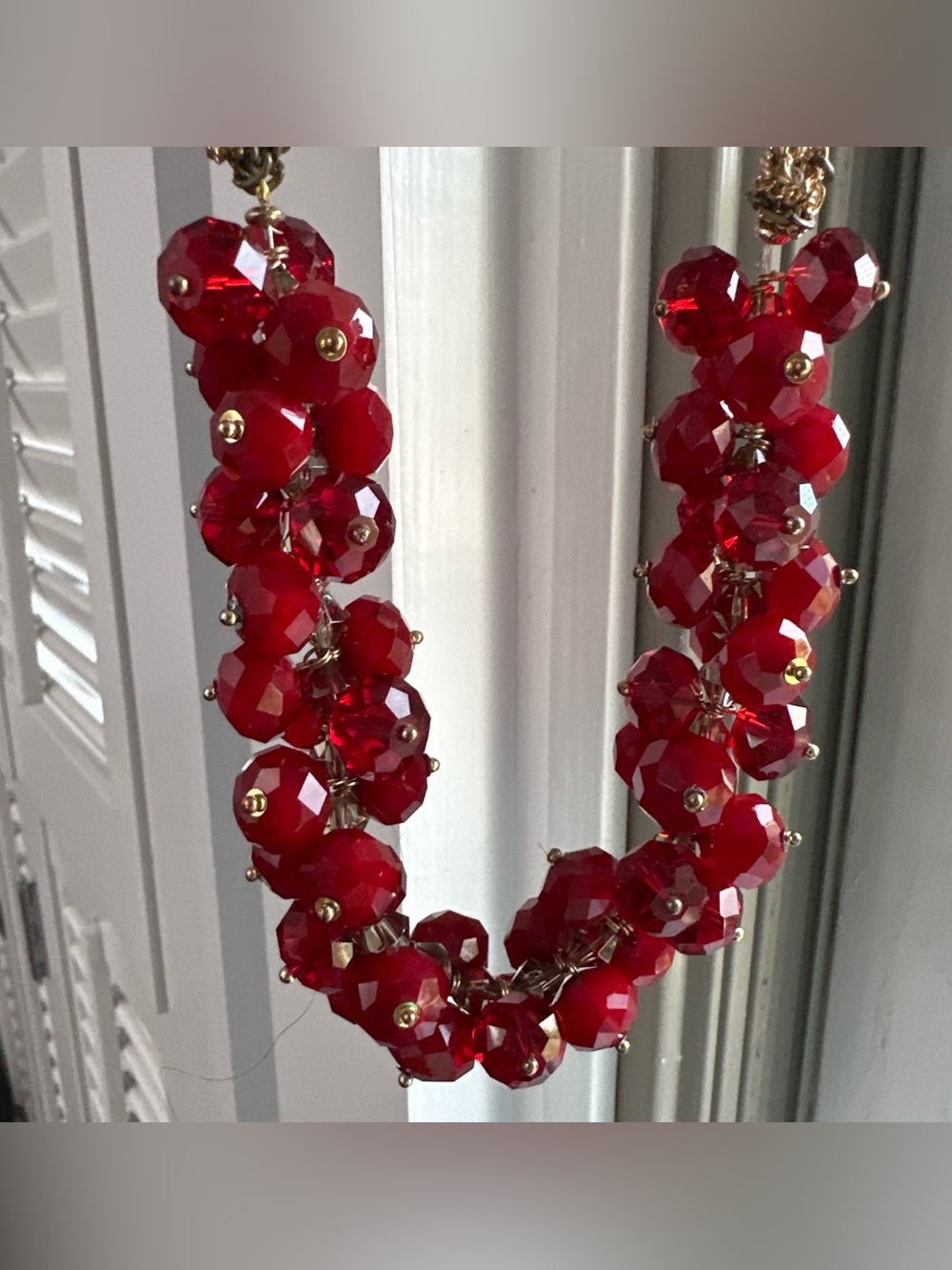 Vibrant Red Faceted Cluster Necklace with Gold Accents